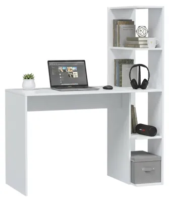 Produktbild von Schreibtisch Dlup, linearer Schreibtisch mit Bücherregal, platzsparender Mehrzweck-Bürotisch, 110 x 50 x 136 cm, Weiß
