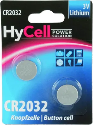A retail package containing two CR2032 lithium button cell batteries.