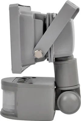Side view of a gray LED floodlight with a motion sensor.