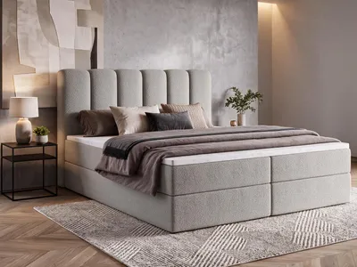 Produktbild von Boxspringbett 160x200 mit Bettkasten NOLARO, Komplett-Set mit Bonell-Matratze und Topper, Bouclé Hellgrau
