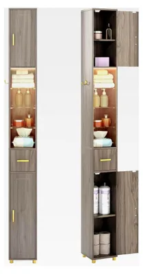 Produktbild von Badezimmerschrank mit Beleuchtung, Hochschrank mit Schublade und 3 Glasablagen, schmaler Holzschrank, inkl. seitlichem Haken, Aufbewahrungsschrank 20 x 20 x 181 cm (Braungrau)