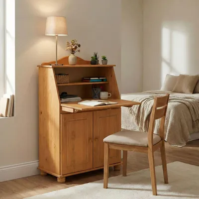 Produktbild von Sekretär DAVID aus Kiefer Massivholz, Gebeizt/Gewachst - Klappensekretär mit aufklappbarer Arbeitsfläche, Schreibtisch mit Stauraum für Büro oder Wohnzimmer im Landhausstil