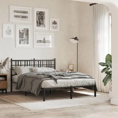 Image de Cadre de lit avec tête de lit en métal, noir, 140x200 cm, design moderne et épuré