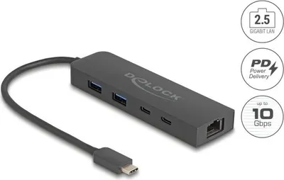 Produktbild von DeLOCK 10 Gbps USB Hub mit 2,5 Gigabit LAN Port und PD 85 W, USB 3.2 Gen 2 (3.1 Gen 2) Type-C, RJ-45, USB 3.2 Gen 2 (3.1 Gen 2) Type-A, USB 3.2 Gen 2 (3.1 Gen 2) Type-C, 10000 Mbit/s, Schwarz, 85 W, Rundkabel