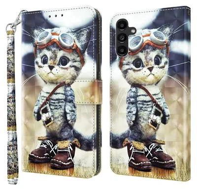 A product image showing a phone case with a cat illustration, presented in a folded-open view.