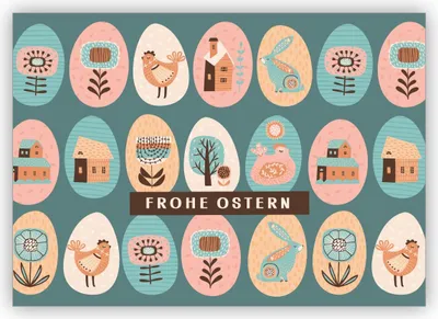 Produktbild von Nette Retro Osterkarte mit bunten folklore Ostereiern: frohe Ostern