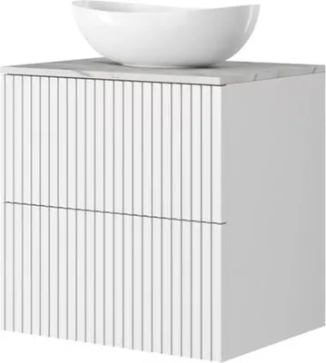 Produktbild von Badezimmer Waschtisch mit 60 cm Breite in weiß matt mit marmorierter Waschtischplatte & gerillter Front, Aufsatzwaschbecken & 2 Schubladen - NAVASOTA-141