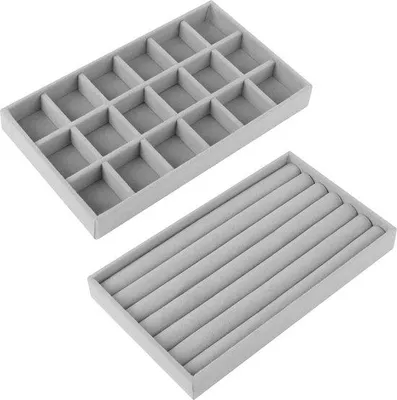 Zdjęcie produktu dla Zestaw eleganckich pudełek na biżuterię Unyqoos® z aksamitu, wyposażonych w regulowane i zdejmowane przegródki – możliwość układania w stos, kolor szary | Praktyczne i oszczędzające miejsce rozwiązanie do przechowywania pierścionków i zegarków