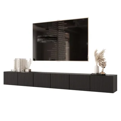 Produktbild von Idohome TV-Lowboard Angel 300 cm Schwarz Matt -TV-Schrank, Hängeschrank, LED, Push-to-Open, Fernsehschrank, geriffelte Front, Medienmöbel, Wohnzimmer