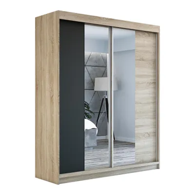 Produktbild von Schwebetürenschrank, 2-türig Schrank ELEGANZA 180 cm (mit Spiegel) Sonoma / schwarz / sonoma