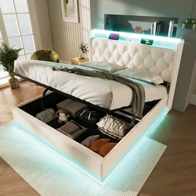 Immagine prodotto di okwish letto imbottito boxspring 180 x 200 cm con testata con porta di ricarica USB e Type-C, letto idraulico con presa e illuminazione LED (senza materasso) -Poliuretanobianco