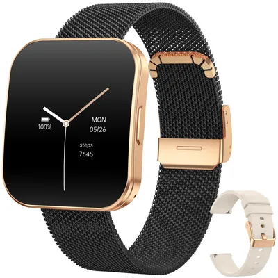 A smartwatch with a black mesh band and a gold-colored case is shown, along with an additional white band.