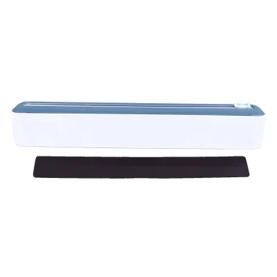 Image de Distributeur de film alimentaire réutilisable – magnétique, rechargeable avec cutter, blanc et bleu, pour film plastique