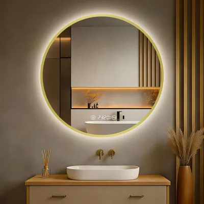 Produktbild von S'AFIELINA Badspiegel mit Beleuchtung Rund 70 cm Diameter, LED Badspiegel mit Touch, Beschlagfrei, Dimmbar, Uhr, Temperatur, Speicherfunktion,Gold