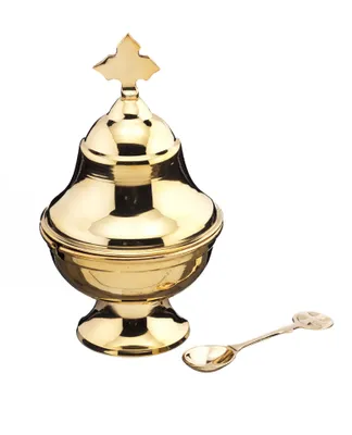 Produktbild von Weihrauch Schiffchen mit Löffel und Deckel Messing Gold (Höhe 15 cm)