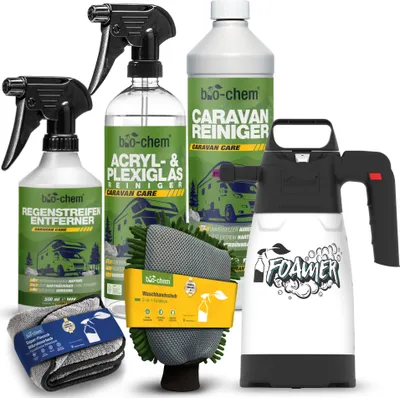 Produktbild von bio-chem Caravan Außen-Pflege Set 6-teilig - 1L Caravan-Reiniger + 500ml Regenstreifen-Entferner 750ml Acryl- und Plexiglasreiniger + Schaumsprüher & Zubehör - für Wohnmobil, Wohnwagen, Vorzelt etc.