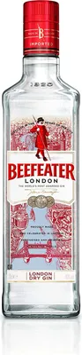 A bottle of Beefeater London Dry Gin against a white background.