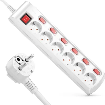 Produktbild von deleyCON 6 Fach Steckdosenleiste Einzeln Schaltbar 1,4m Kabel (6x Ein/Aus Schalter und 1x Hauptschalter) Strom Stromleiste Mehrfachsteckdose mit Kindersicherung - Weiß
