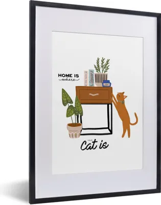 Produktbild von MuchoWow® MuchoWow® Gerahmtes Poster Sprichwörter - Zitate - 'Zuhause ist, wo deine Katze ist' 30x40 cm - Poster mit zchwarzem Bilderrahmen - Wandposter Schlafzimmer