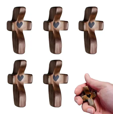 5 handgeschnitzte Holzkreuze mit Herzmotiv, 7,87 x 1,97 Zoll