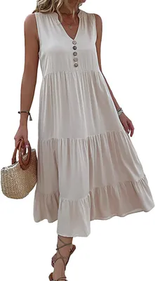 Productafbeelding van Mouwloze maxi-jurk met V-hals in beige, luchtig model voor strand en vakantie