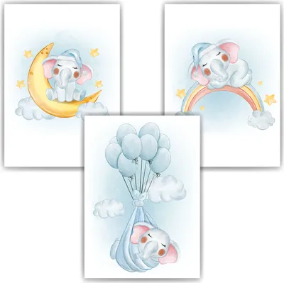 Produktbild von 3er Set Poster Elefant Bilder für Kinderzimmer Babyzimmer Deko Kinderposter Babyparty – DIN A3 (29.7x42cm)