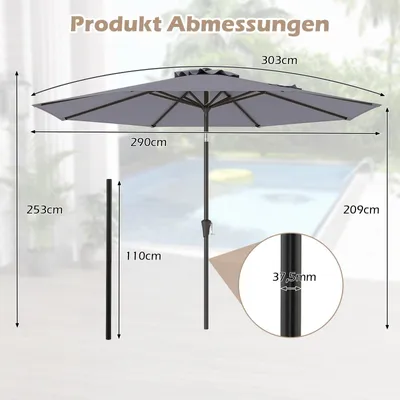 Produktbild von Sonnenschirm für Terrasse, 300 cm, neigbar und mit Kurbel, grau, wasserabweisend