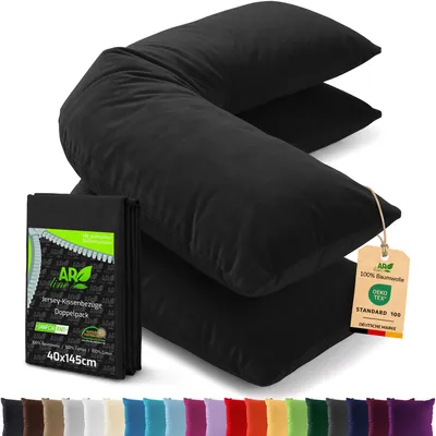 Produktbild von AR Line 2er Pack Jersey Kissenbezüge 40x145 Baumwolle – weich, atmungsaktiv, Seitenschläferkissen Bezug mit Reißverschluss, in Farbe: Schwarz