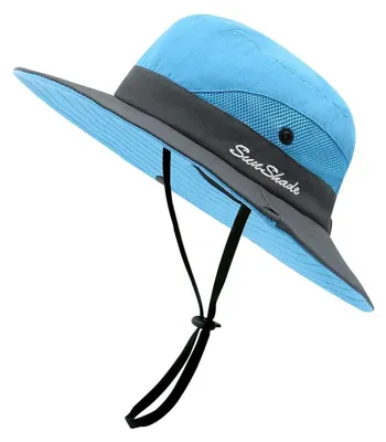 Immagine prodotto di Cappello da sole da donna, protezione UV, pieghevole, in rete, con passante per la coda di cavallo, tesa larga, colore grigio-blu, taglia unica