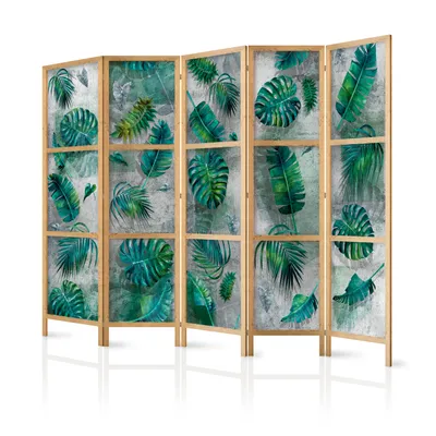 Produktbild von Paravent XXL Monstera Blätter Palm Wedel Beton Optik 225x171 cm - 5-teilig - einseitig - eleganter Sichtschutz - Raumteiler - Trennwand - Raumtrenner - Holz - Design Motiv - Deko - Japan b-A-0376-z-c