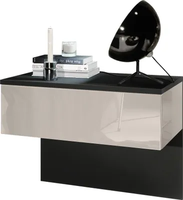 Produktbild von Vladon Nachttisch Sleep,  Germany, Nachttischschrank mit Schublade zur Wandmontage, Schwarz matt/Sandgrau Hochglanz (60 x 46 x 35 cm)