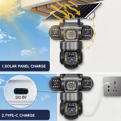 Produktbild von Solar Überwachungskamera Aussen Akku, 3-Linsen WLAN Kamera mit 270° PTZ, 6MP HD Nachtsicht, AI Bewegungsmelder, SD-Slot
