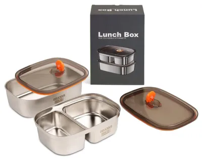 Produktbild von Lunchboxen aus Edelstahl, 2er-Set, 1700 ml und 1200 ml, auslaufsicher, BPA-frei, Bento-Box mit Fächern, Snackbox für Kinder und Erwachsene