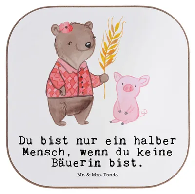 Produktbild von Mr. & Mrs. Panda Holzuntersetzer Bäuerin Herz - Weiß - Geschenk, gläseruntersetzer, Spruch, Untersetzer Gläser, Witzig, Lustig, Bauernhof, Glas, für, Coaster