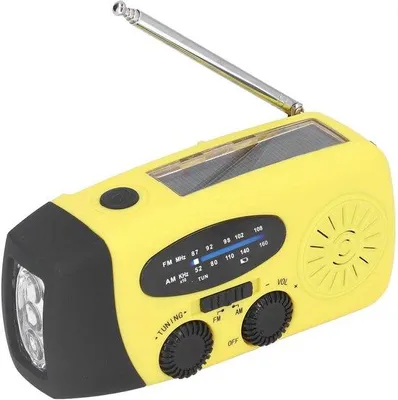 Obrázek produktu pro Přenosné nouzové rádio Unyqoos® s baterkou, 360° anténou, baterií 1200 mAh, funkcemi FM/AM/WB (NOAA), možností nabíjení klikou, solární energií a USB, a reproduktorem