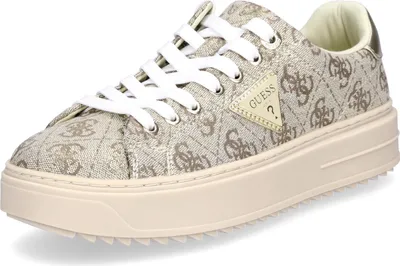 A close-up, studio shot of a single gold Guess sneaker with a white sole and white laces.