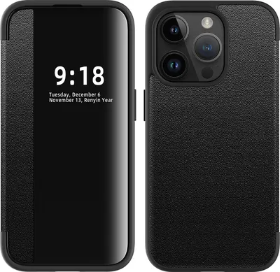 Image de Étui pour iPhone 15 Pro Max étui fin à rabat en cuirPolyuréthaneavec fenêtre d'affichage noir