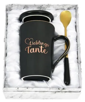 Productafbeelding van Koffiekop met spreuk, cadeau-idee voor tante, 400 ml, zwart, keramiek, met lepel en deksel