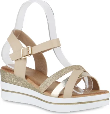 Produktbild von VAN HILL Damen Plateau Sandaletten Glitzer Keilabsatz Plateau-Schuhe 840958, Farbe: Beige, Größe: 37