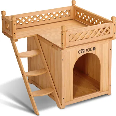 Produktbild von CADOCA® Tierhaus FSC®-zertifiziert Kiefer 65x55x54cm 2-stöckig Treppe Sonnenterrasse Katzenhaus Katzenhütte Hundehütte Katzenvilla Lodge Balkon