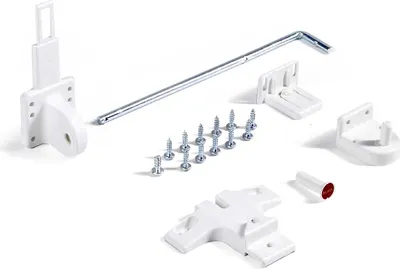 A collection of white plastic and silver metal hardware components, likely for a waste bin, laid out on a white background.