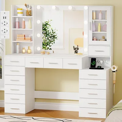 Immagine prodotto di Comò da trucco con illuminazione a LED, specchio, prese di corrente, 15 cassetti, 7 ripiani aperti, colore bianco, dimensioni 135x40x140 cm