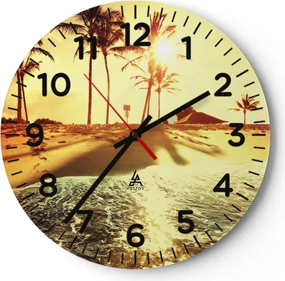 Produktbild von Wanduhr - Rund - Glasuhr - Strand Meer Palme - 30x30cm - Schleichendes Uhrwerk - Lautlos - zum Aufhängen bereit - Dekoration Modern - Wanddekoration aus Glas - C4AR30x30-3609