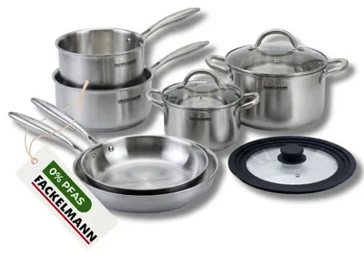 Image de Poêles à Frire 20 28 cm, Casseroles 14 18 cm, Faitouts 20 24 cm inox 18/10 Triply et Couvercle Fackelmann Vita3, Image générée par une IA