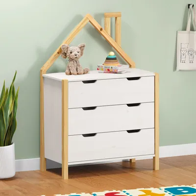 Produktbild von Kommode ELANO in Hausform - Weiß aus massivem Kiefernholz, 3 große Schubladen, Kinderzimmer Aufbewahrung, Kleiderschrank, Kinderzimmer möbel,  Schubladenkommode