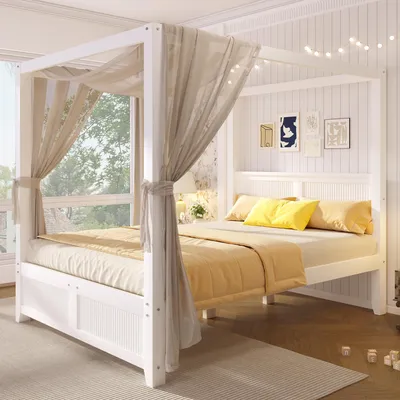 Produktbild von Flieks Himmelbett 140x200cm mit Dachrahmen, Holzbett Doppelbett mit Lattenrost, Klassisches Bett Jugendbett Kinderbett mit Kopfteil, Weiß