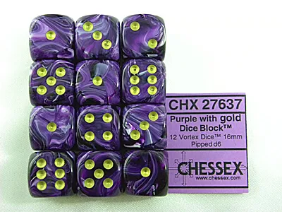 Produktbild von Chessex Vortex Lila/Gold D6 16mm Würfelset (12 Stück)