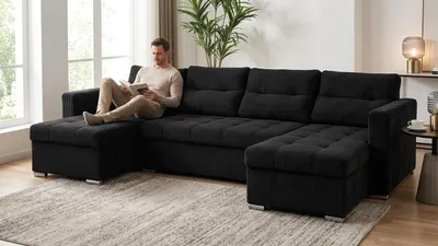 Produktbild von Ecksofa VARIUS BIG Dylla – mit Schlaffunktion, Breitcord in Schwarz, Family Meble, KI-generiertes Bild