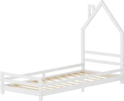 Produktbild von ML-Design Kinderbett Haus 90x200 cm, Weiß, Hausbett für Kinder, Holzbett mit Lattenrost, Schornstein Design, Jugendbett aus massivem Kiefernholz