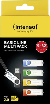 Produktbild von Intenso Basic Line, 32 GB, USB Typ-A, 2.0, 28 MB/s, Drehring, Schwarz, Blau, Grün, Orange, Gelb
